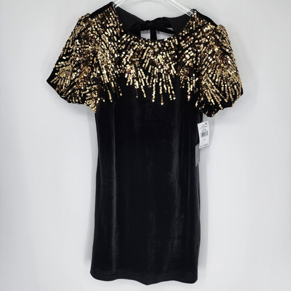 CeCe Velvet Puff Sleeve Dress XS Black Gold Sequin Tie Back